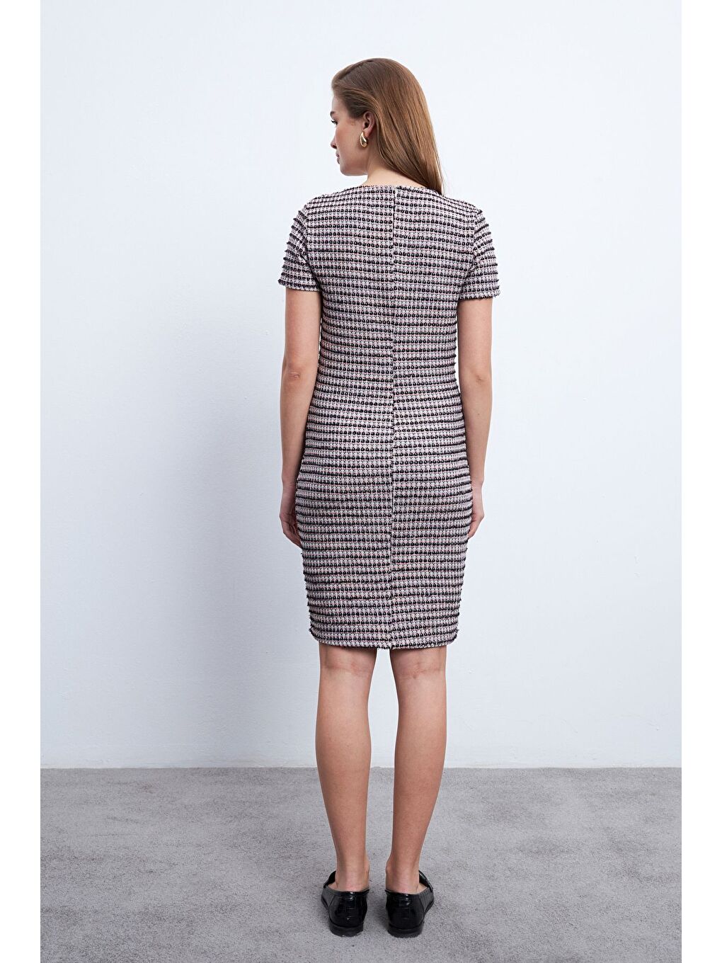 Karışık Kısa Kollu Ekose Desen Tüvit Kumaş Bisiklet Yaka Mini Boy Elbise-6