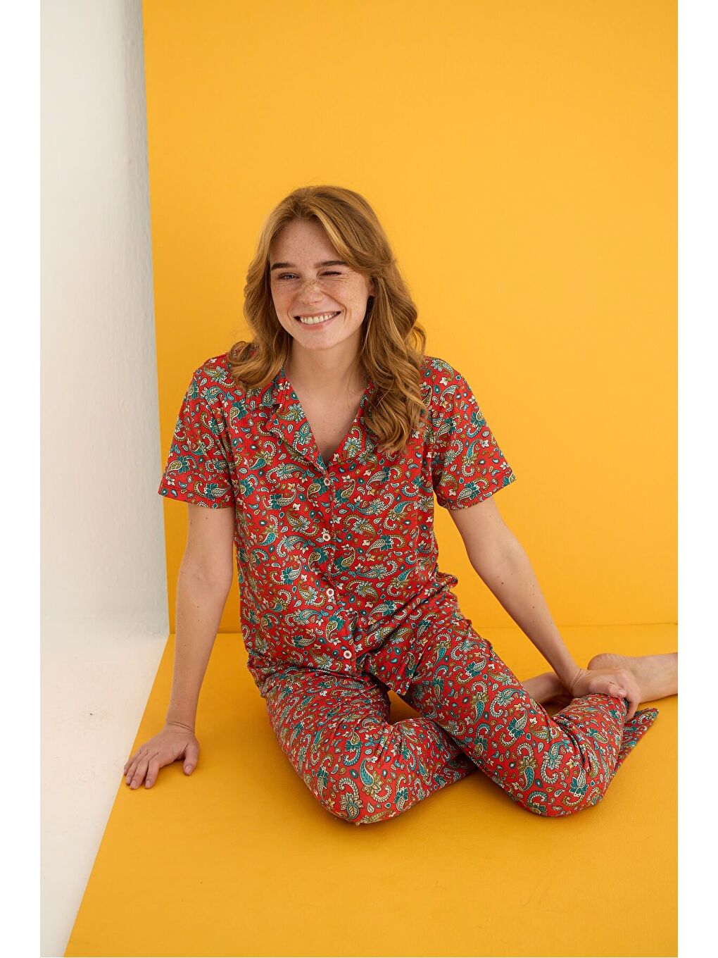 Kırmızı Helen Düğmeli Pijama Takımı 7001-8