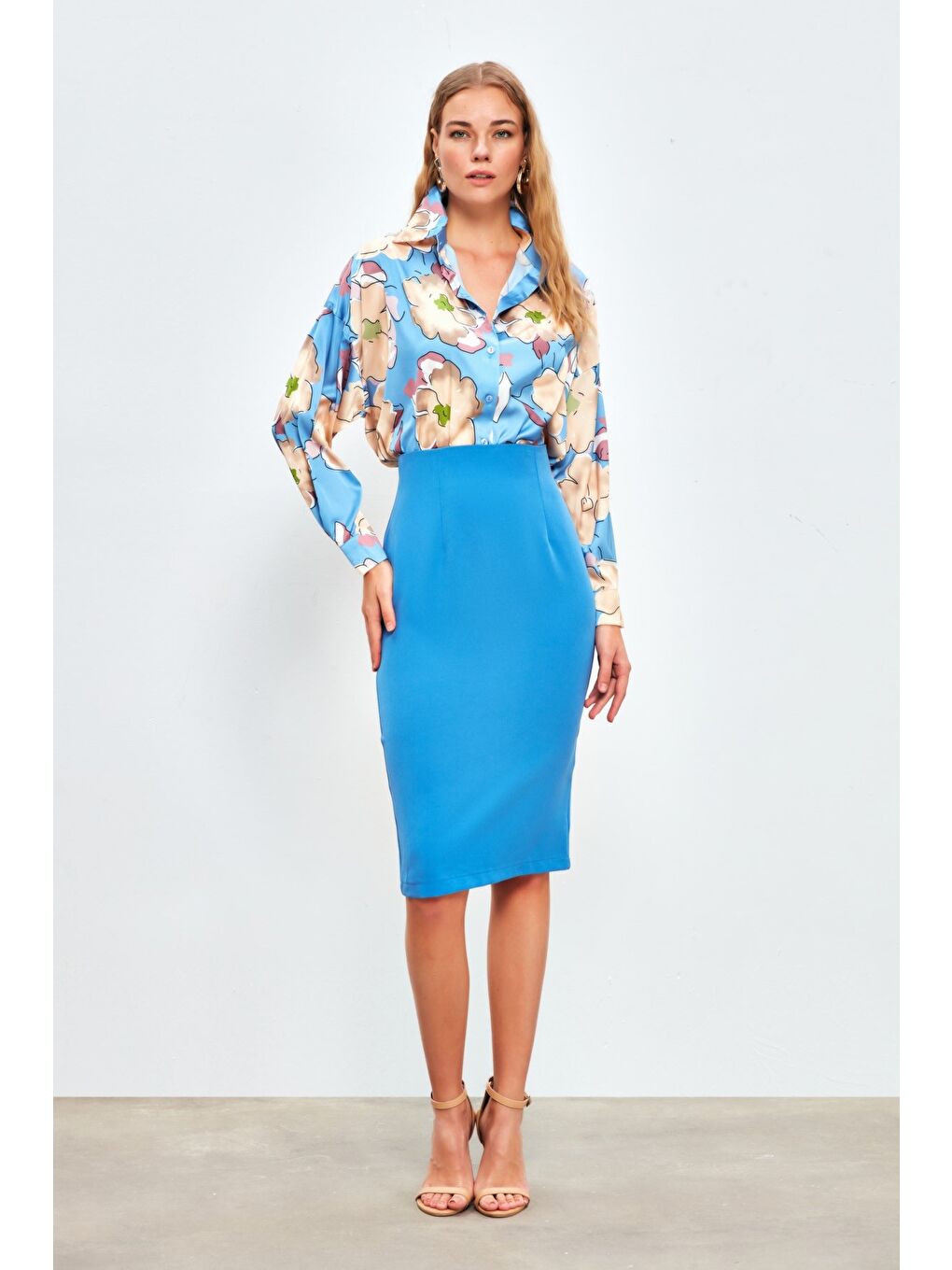 Düz Kalem Etek - Sax Mavi-1