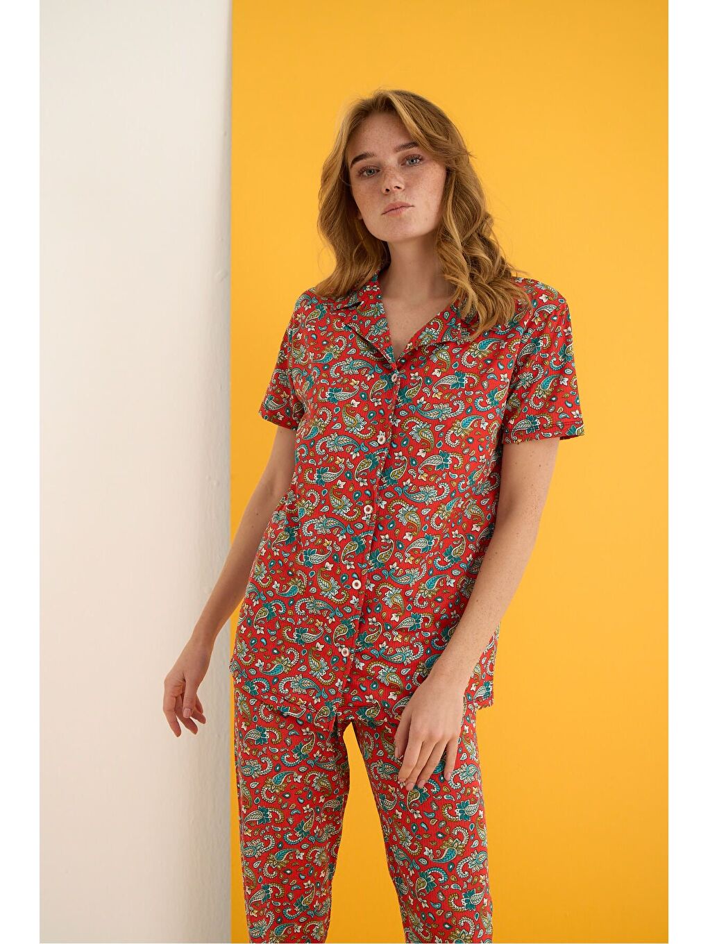 Kırmızı Helen Düğmeli Pijama Takımı 7001-8-1