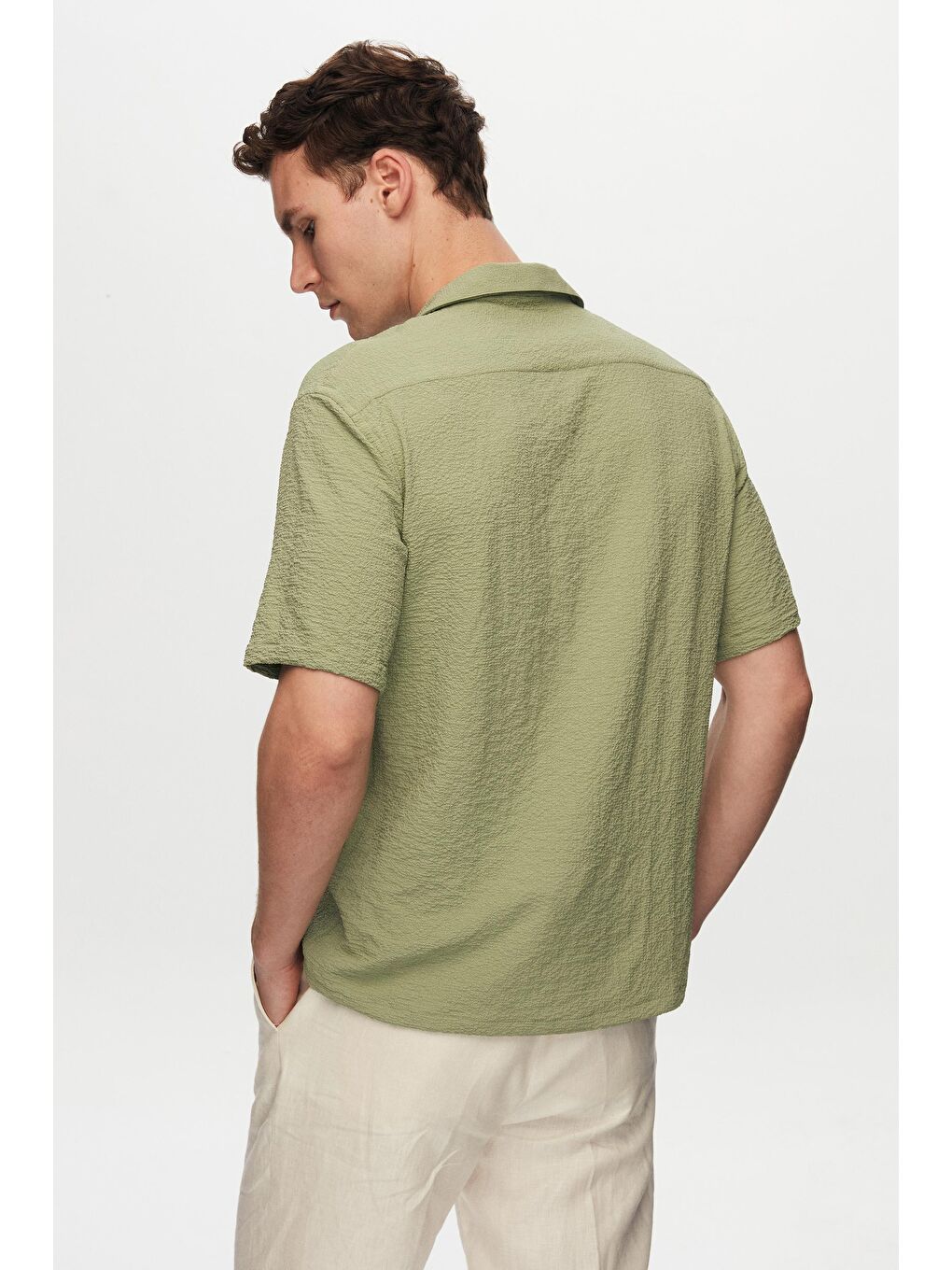 Relaxed Yeşil Gofre Kısa Kollu Kırışmaz Gömlek-3