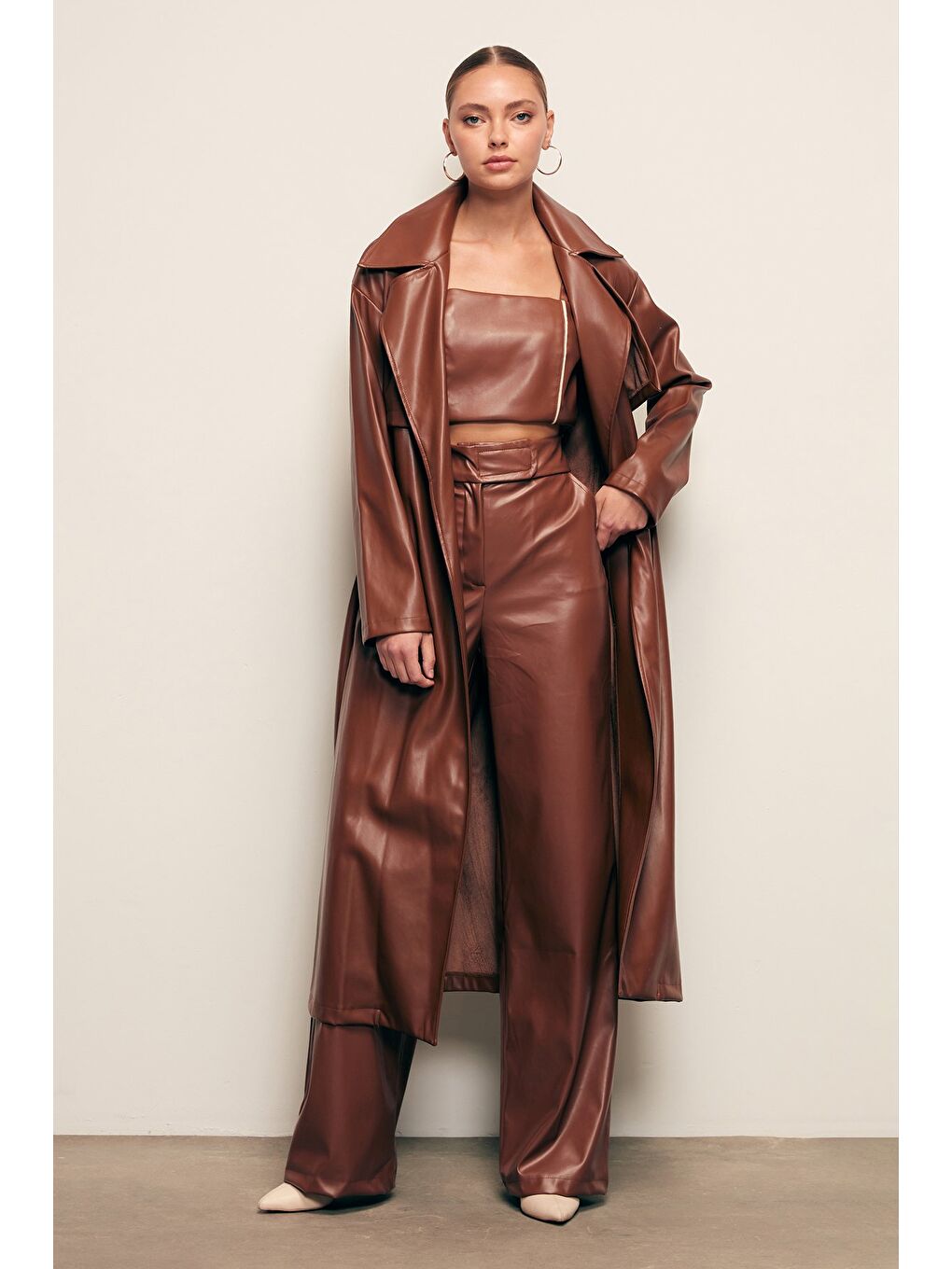 Kahverengi Kuşaklı Uzun Deri Trenç - Kahve-2