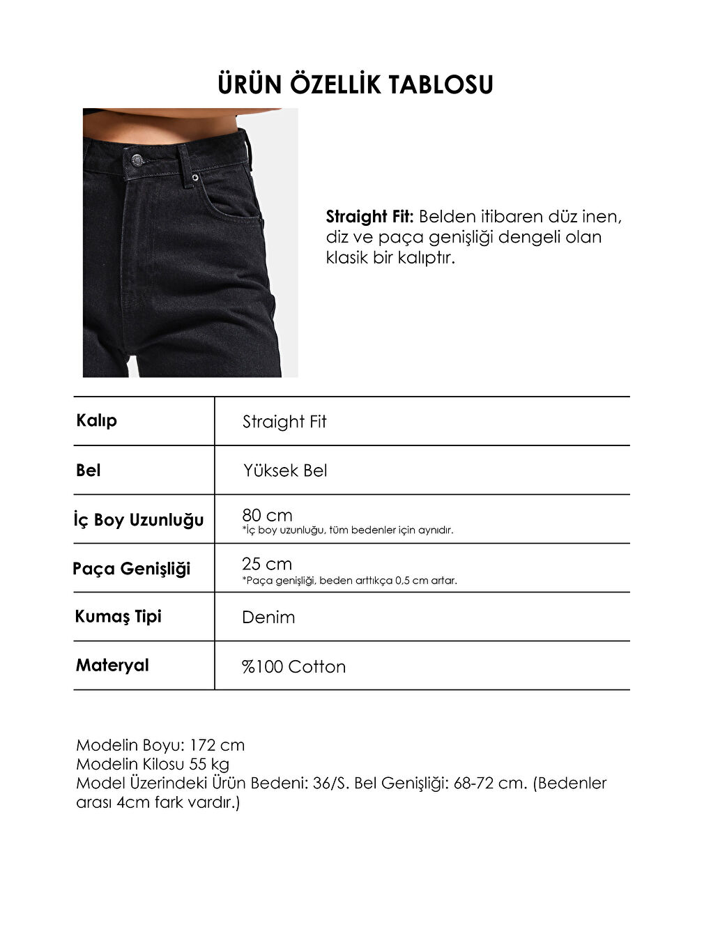 Kadın Siyah Renk Doris 1S5-1 Straight Fit Yüksek Bel %100 Pamuk Denim Jean-3