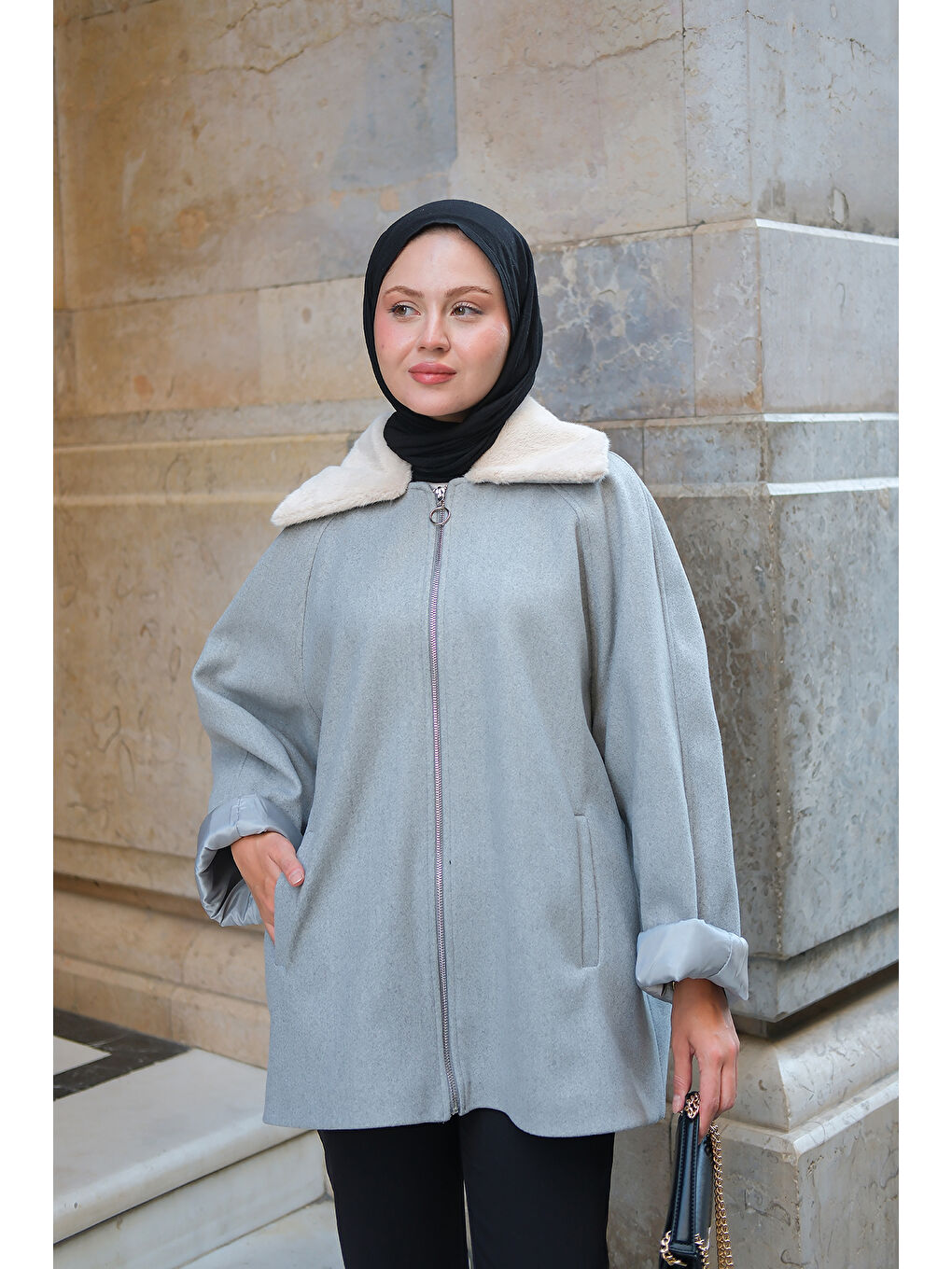 Kadın Pelüş Yaka Ceket Gri-1