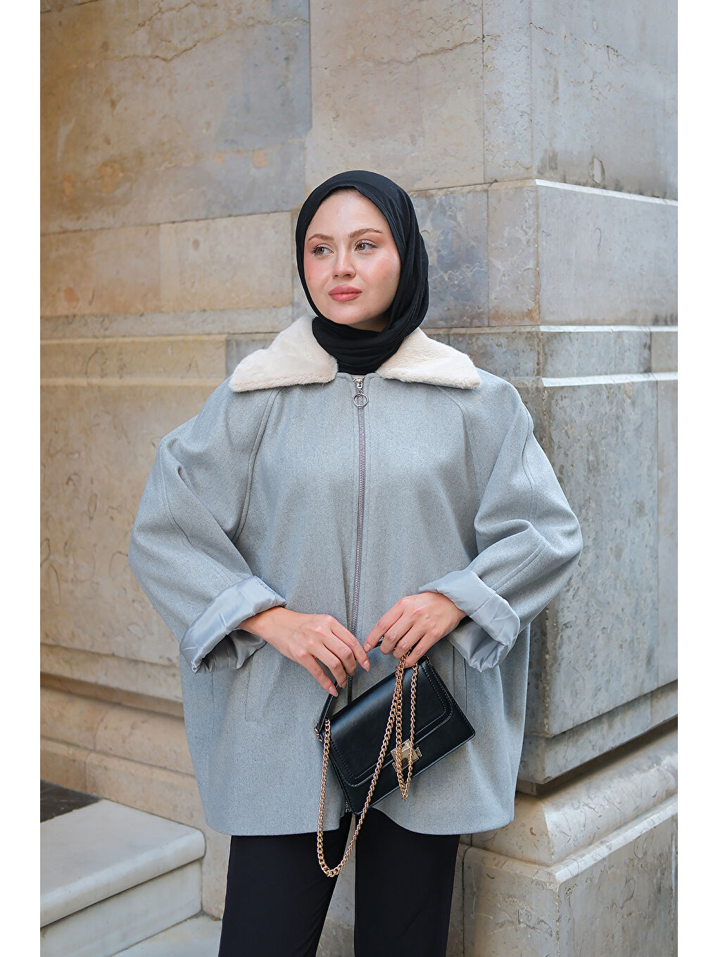 Kadın Pelüş Yaka Ceket Gri-2