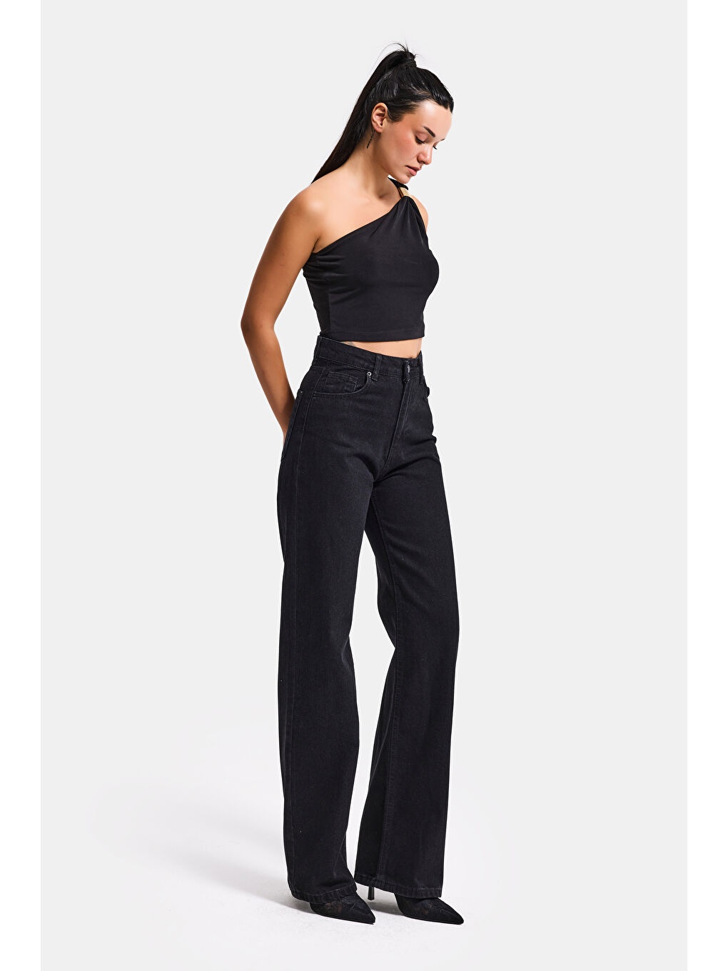 Kadın Siyah Renk Doris 1S5-1 Straight Fit Yüksek Bel %100 Pamuk Denim Jean-5