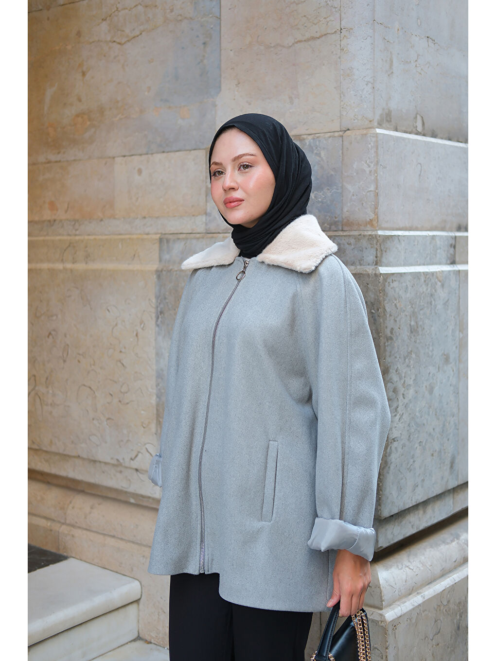 Kadın Pelüş Yaka Ceket Gri-3