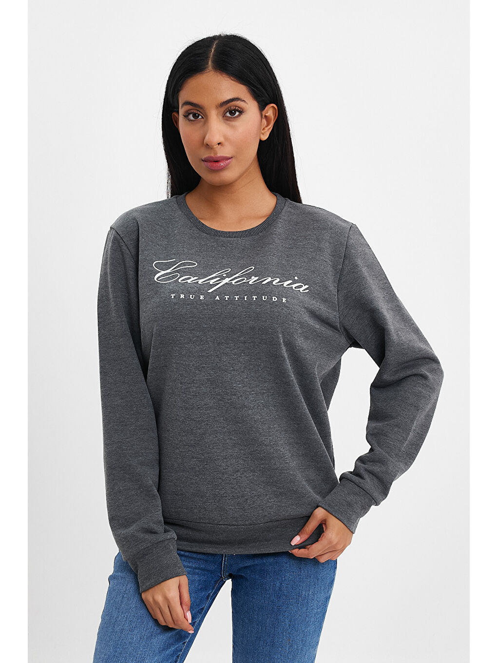 Antrasit Kadın Bisiklet Yaka Rahat Kalıp 3 iplik Kalın Californıa Baskılı Swetashırt spr24swk28-1