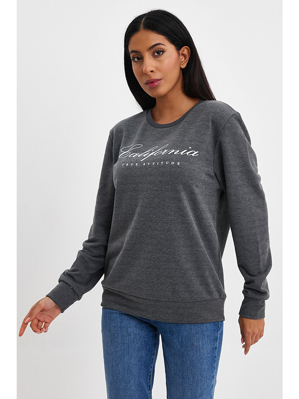 Antrasit Kadın Bisiklet Yaka Rahat Kalıp 3 iplik Kalın Californıa Baskılı Swetashırt spr24swk28-2