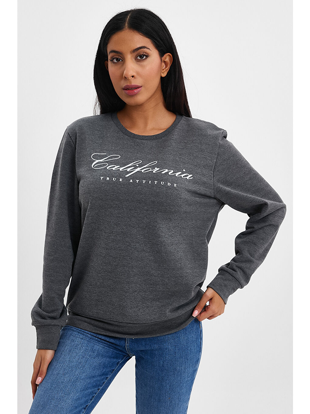 Antrasit Kadın Bisiklet Yaka Rahat Kalıp 3 iplik Kalın Californıa Baskılı Swetashırt spr24swk28-3