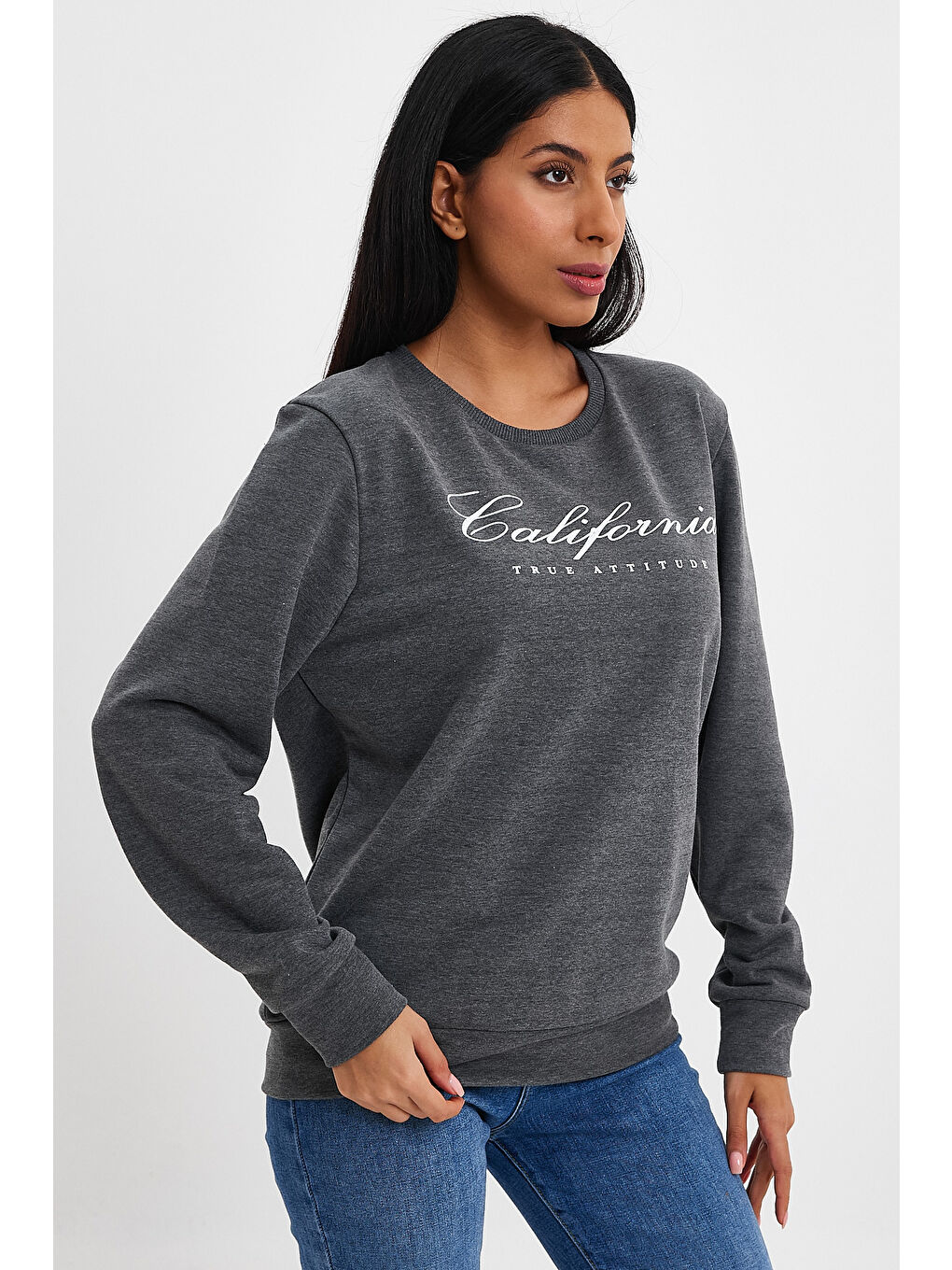 Antrasit Kadın Bisiklet Yaka Rahat Kalıp 3 iplik Kalın Californıa Baskılı Swetashırt spr24swk28-4