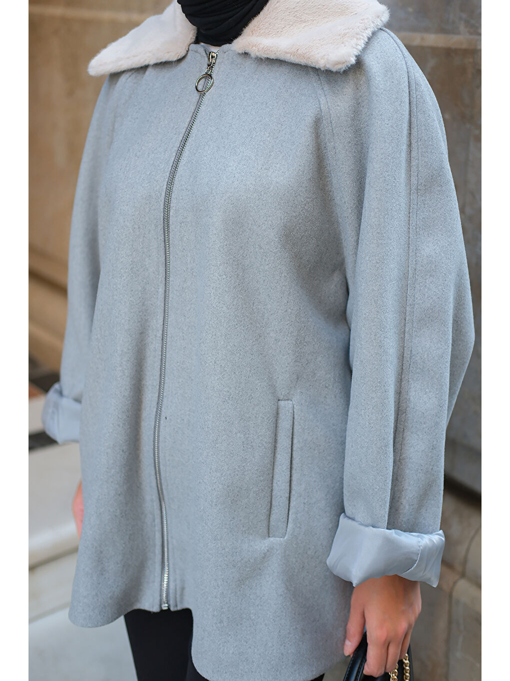 Kadın Pelüş Yaka Ceket Gri-4
