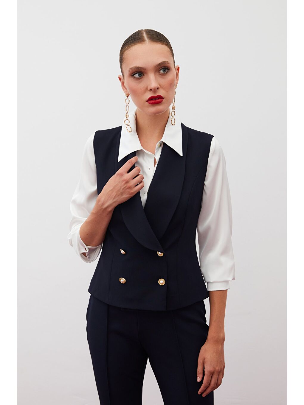 Düğme Detaylı Yelek - Lacivert-1