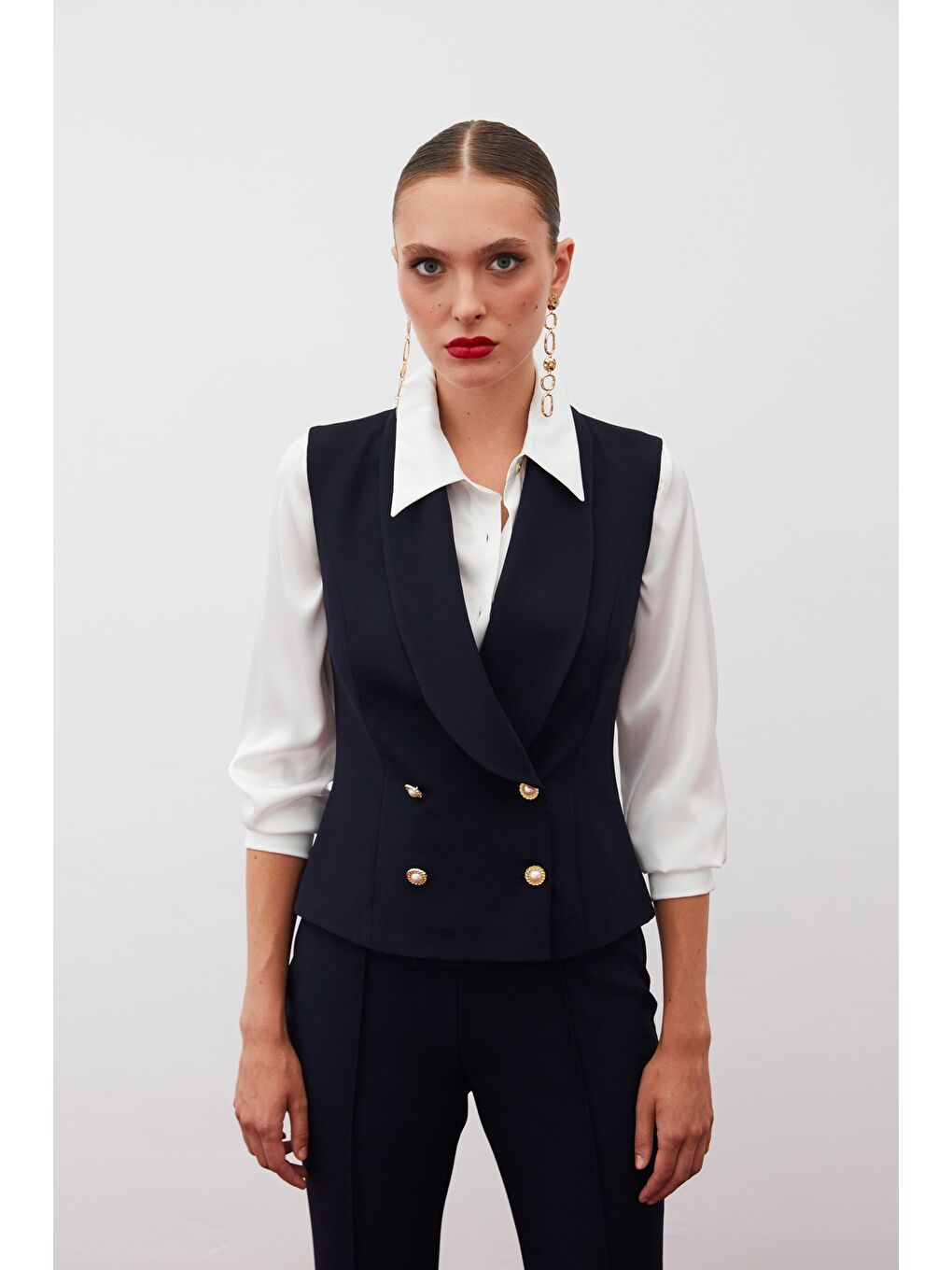 Düğme Detaylı Yelek - Lacivert-2