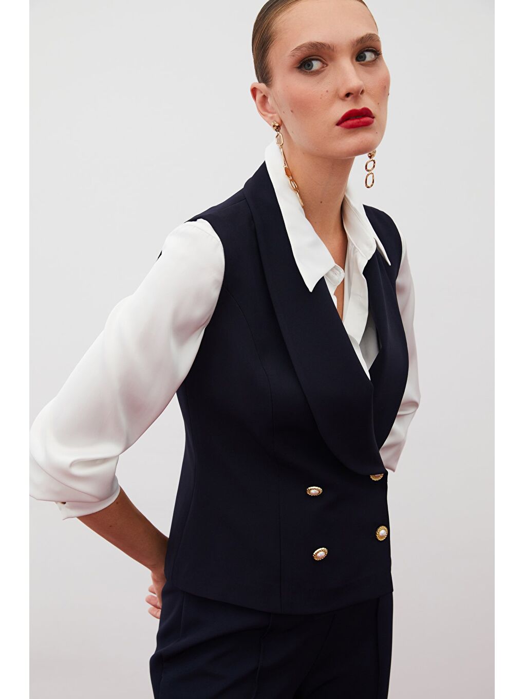 Düğme Detaylı Yelek - Lacivert-3