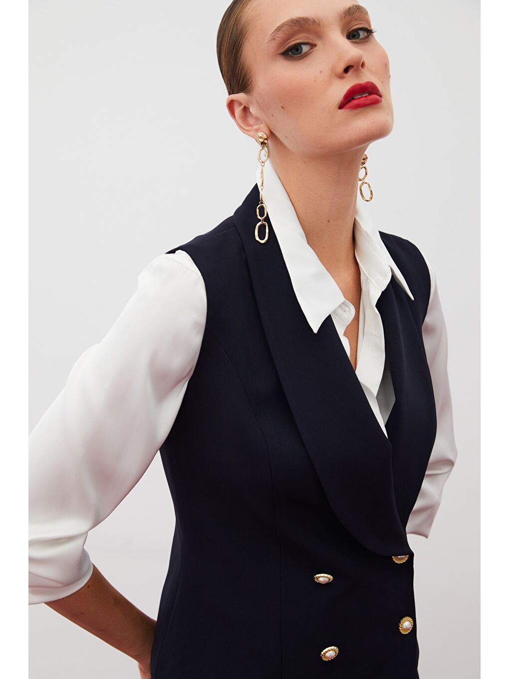 Düğme Detaylı Yelek - Lacivert-4