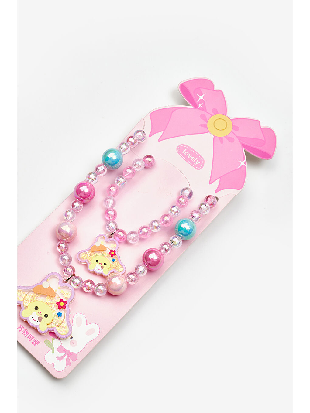 Pembe  Pompomourin Figürlü Kız Çocuk Kolye ve Bileklik Set-1