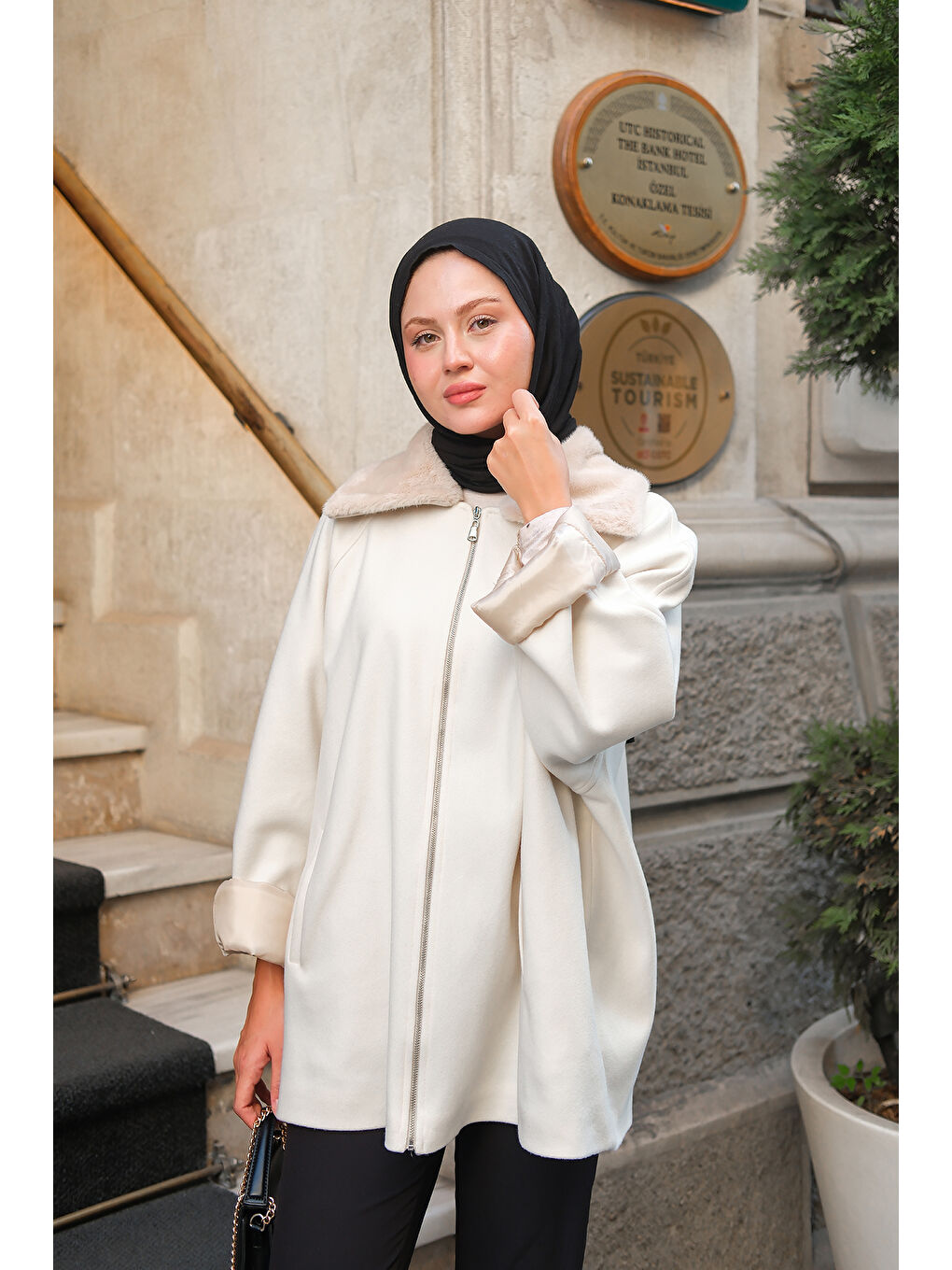 Ekru Kadın Pelüş Yaka Ceket Krem-1