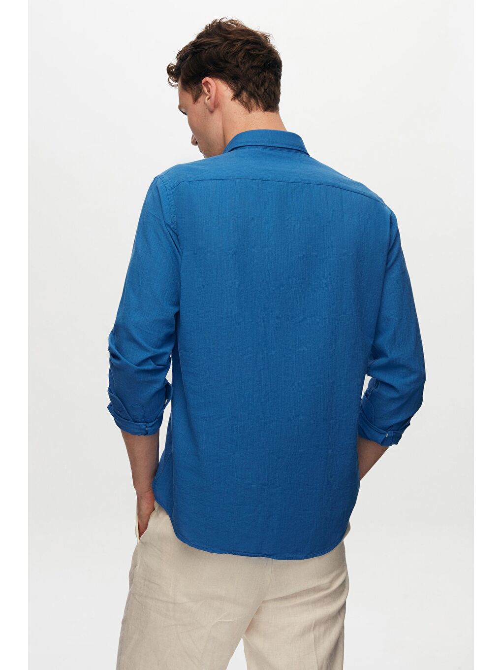 Slim Fit Saks Mavi Düğmeli Yaka %100 Pamuk Yazlık Flamlı Keten Görünümlü Gömlek-5