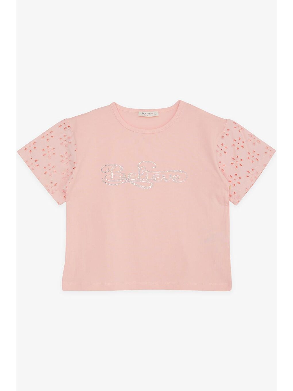 Pembe Kız Çocuk Tişört Kolları Güpürlü Nakışlı Taşlı Yazı Baskılı Somon (9-14 Yaş)