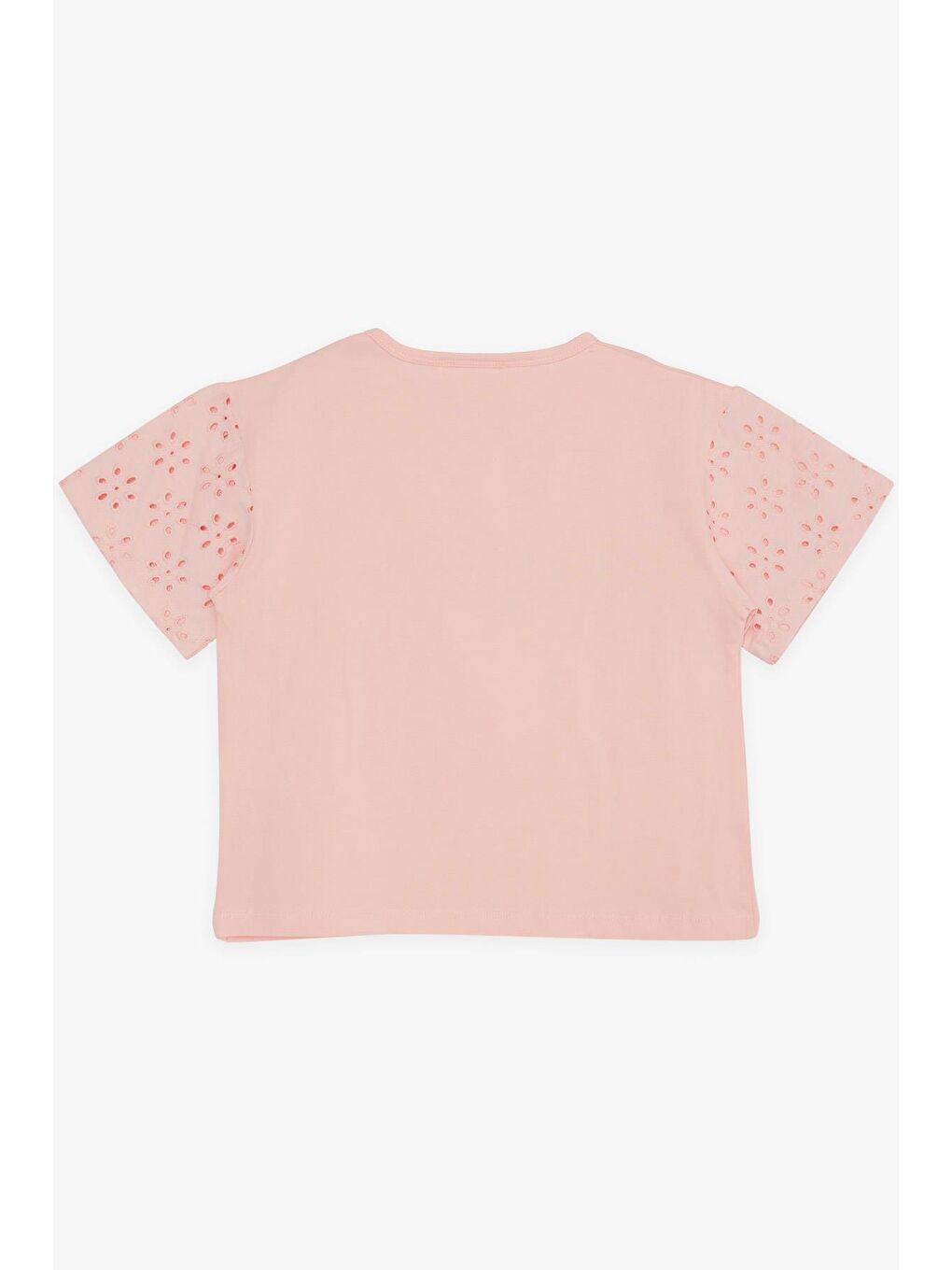 Pembe Kız Çocuk Tişört Kolları Güpürlü Nakışlı Taşlı Yazı Baskılı Somon (9-14 Yaş)-1