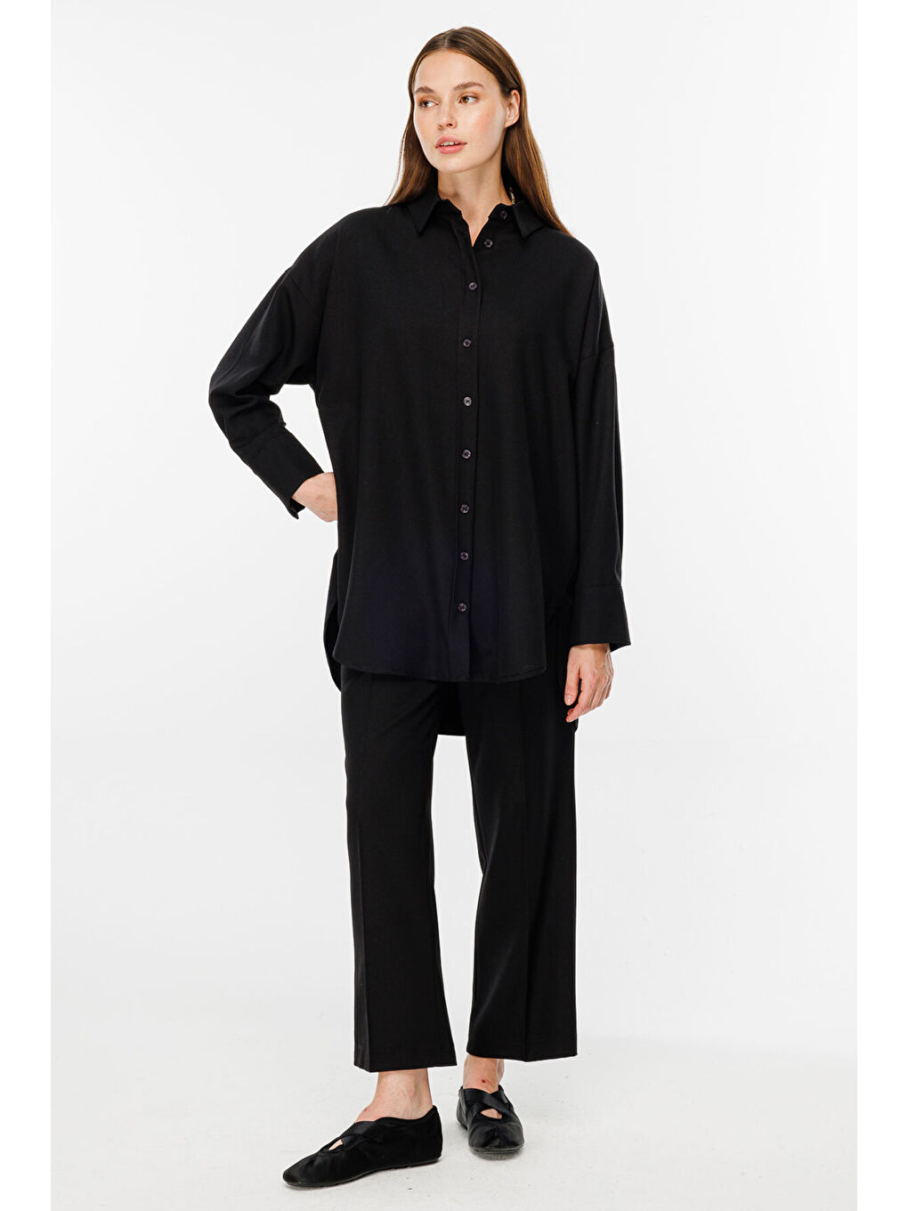 Premıum Dokuma Kumaş Oversıze Siyah Gömlek-2