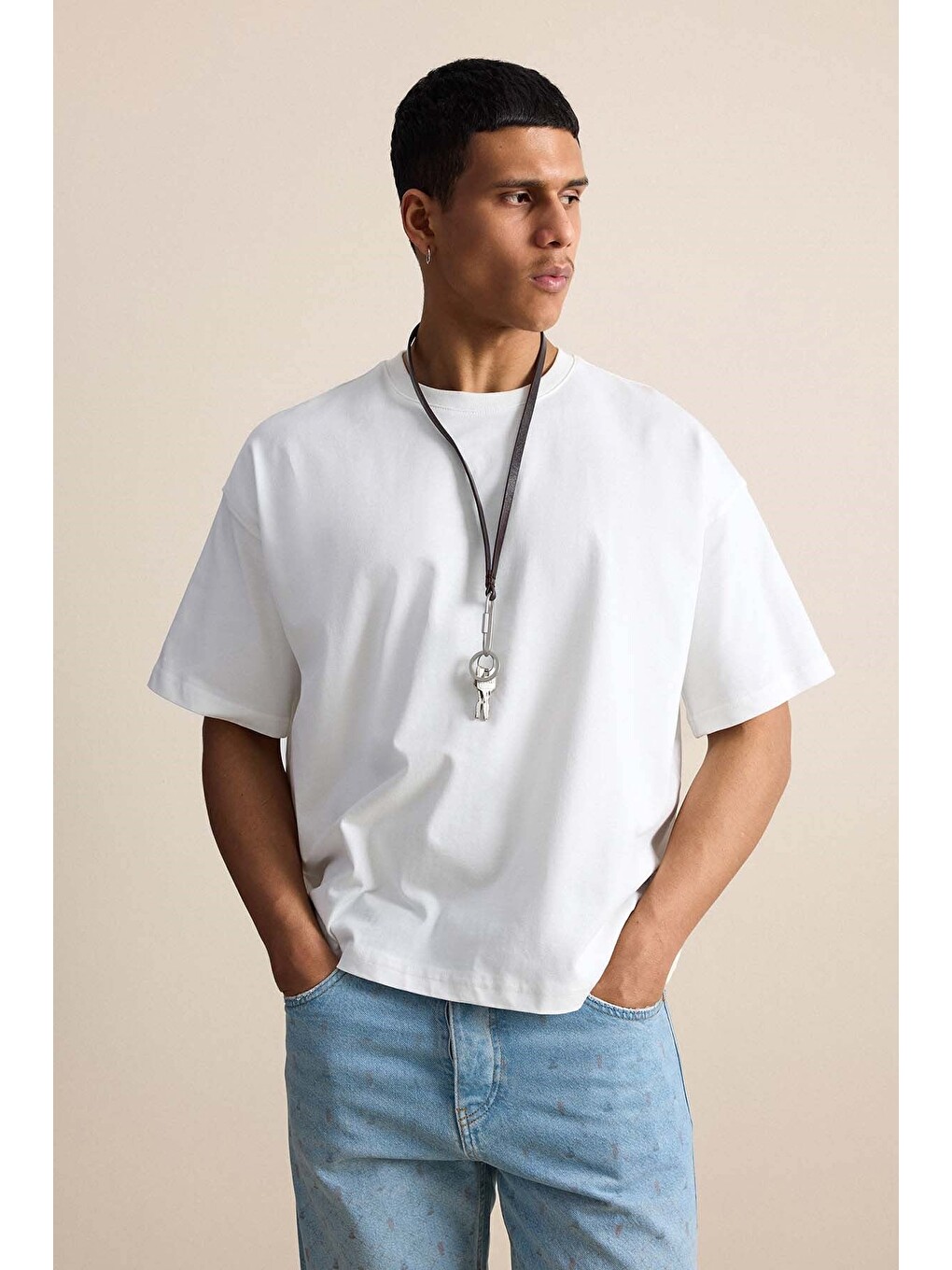 Erkek Boxy Fit Basic %100 Pamuklu Tişört Ekru-2