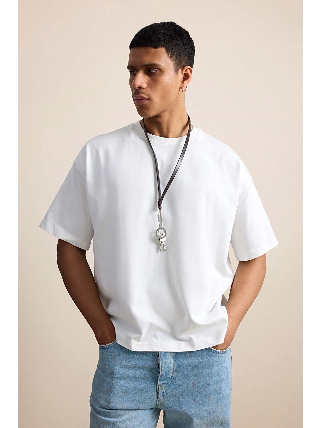 Erkek Boxy Fit Basic %100 Pamuklu Tişört Ekru-4