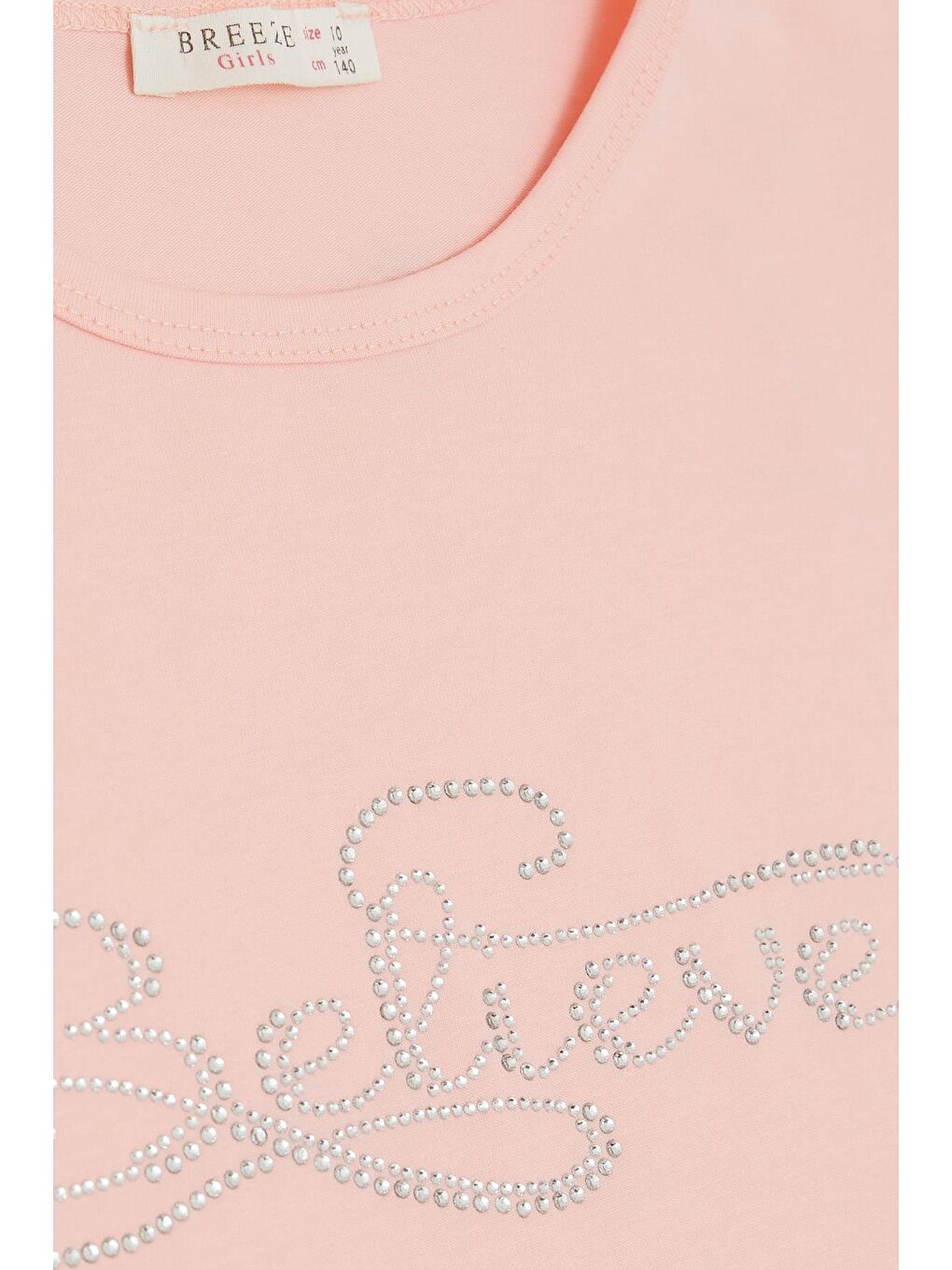 Pembe Kız Çocuk Tişört Kolları Güpürlü Nakışlı Taşlı Yazı Baskılı Somon (9-14 Yaş)-2