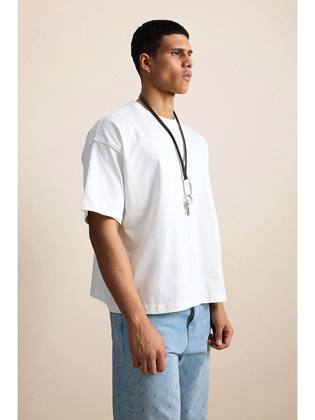 Erkek Boxy Fit Basic %100 Pamuklu Tişört Ekru-5