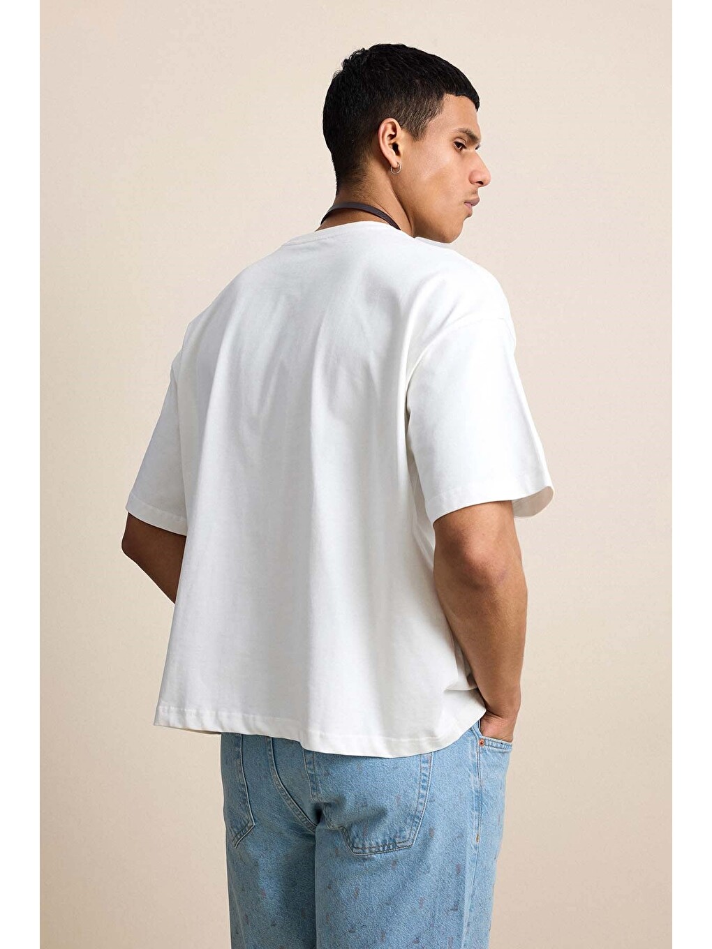 Erkek Boxy Fit Basic %100 Pamuklu Tişört Ekru-6