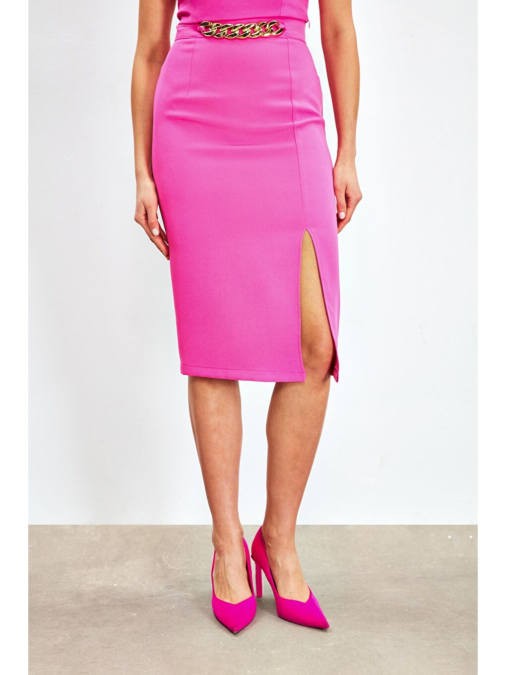 Ön Zincir Detaylı Etek - Fuşya-5