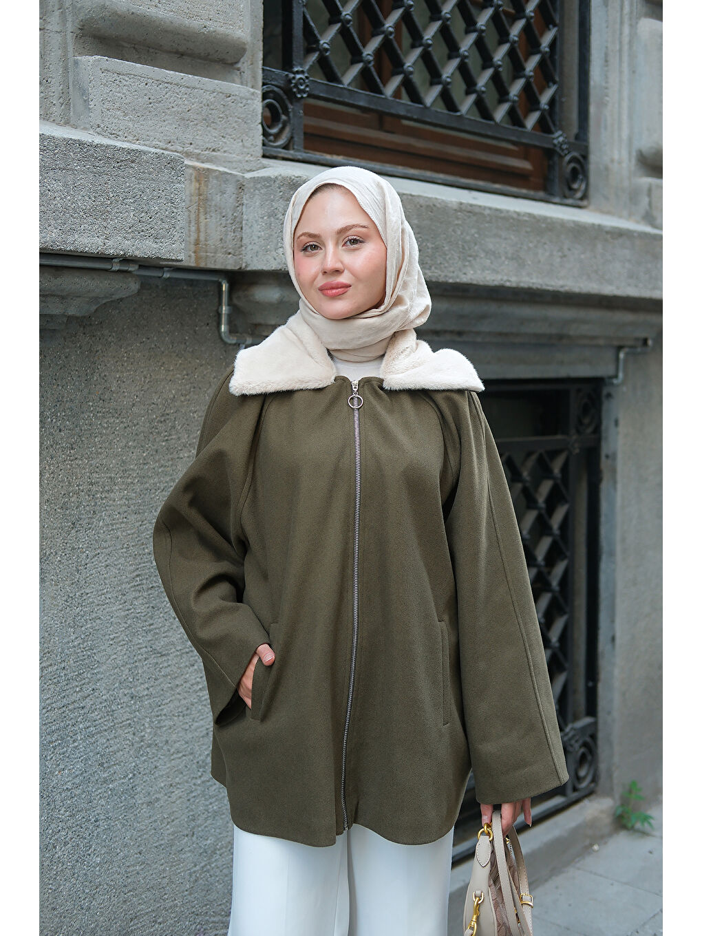 Kadın Pelüş Yaka Ceket Yeşil-4