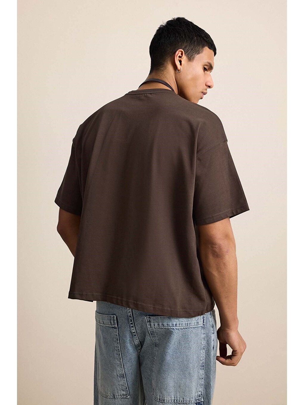 Erkek Boxy Fit Basic %100 Pamuklu Tişört Kahverengi-4
