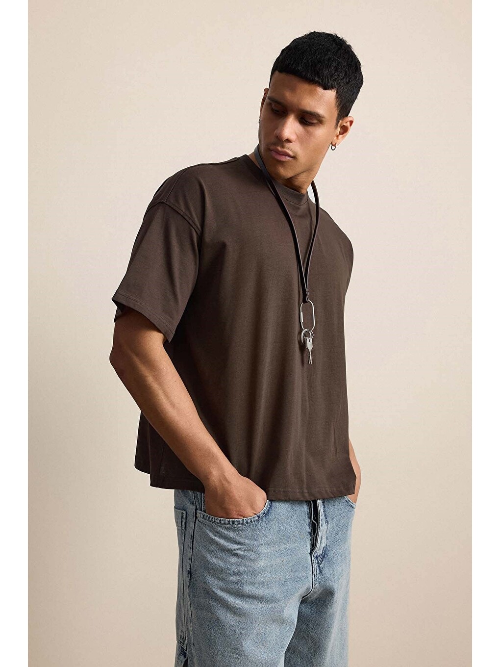 Erkek Boxy Fit Basic %100 Pamuklu Tişört Kahverengi-5