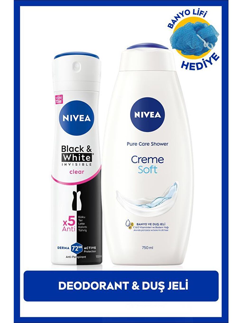 Kadın Sprey Deodorant Black&White Invisible Clear 150ml ve Creme Soft Duş Jeli 750ml, Lif Hediyeli