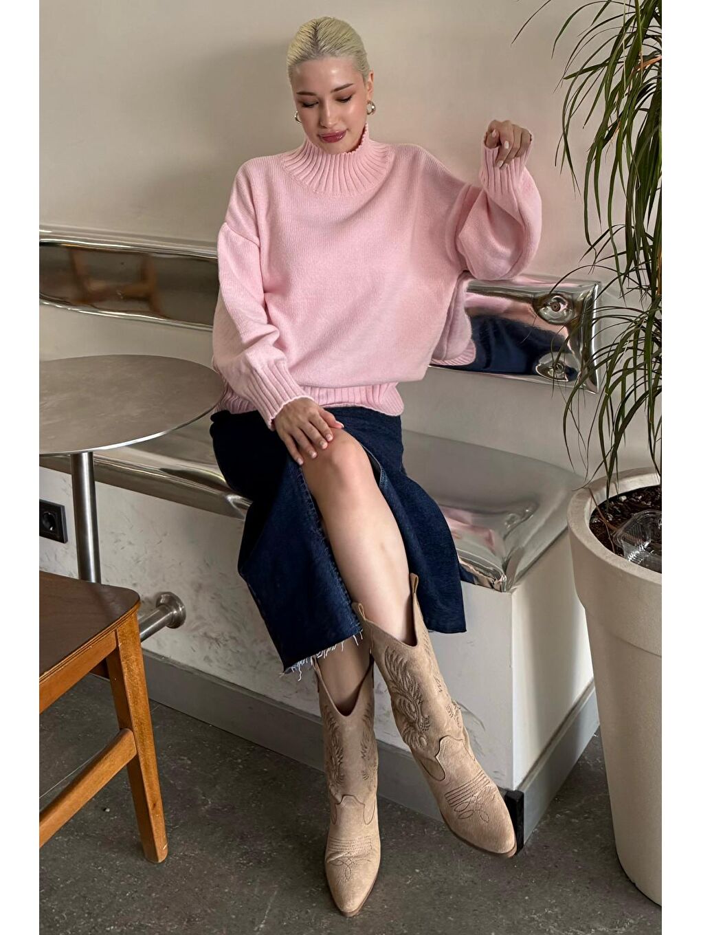 Pembe Boğazlı Kadın Triko Kazak Mg2535-7