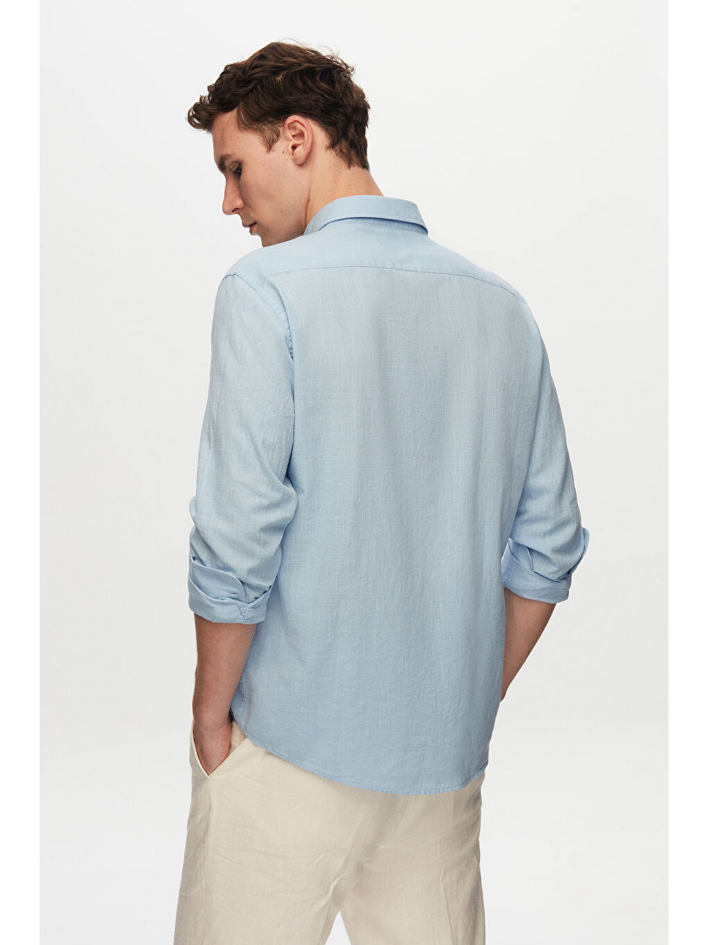 Slim Fit Mavi Düğmeli Yaka %100 Pamuk Yazlık Flamlı Keten Görünümlü Gömlek-5