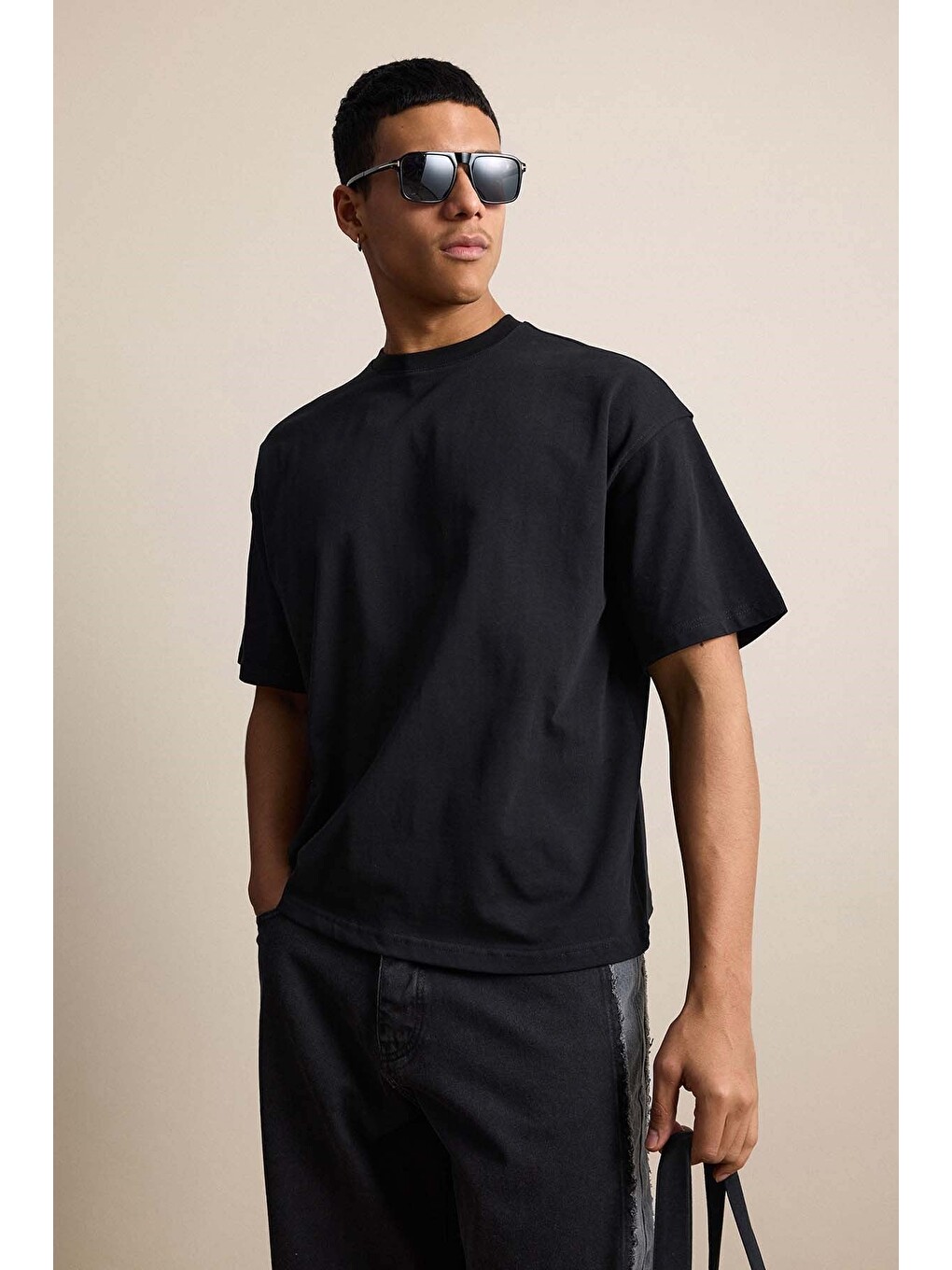 Erkek Boxy Fit Basic %100 Pamuklu Tişört Siyah-2