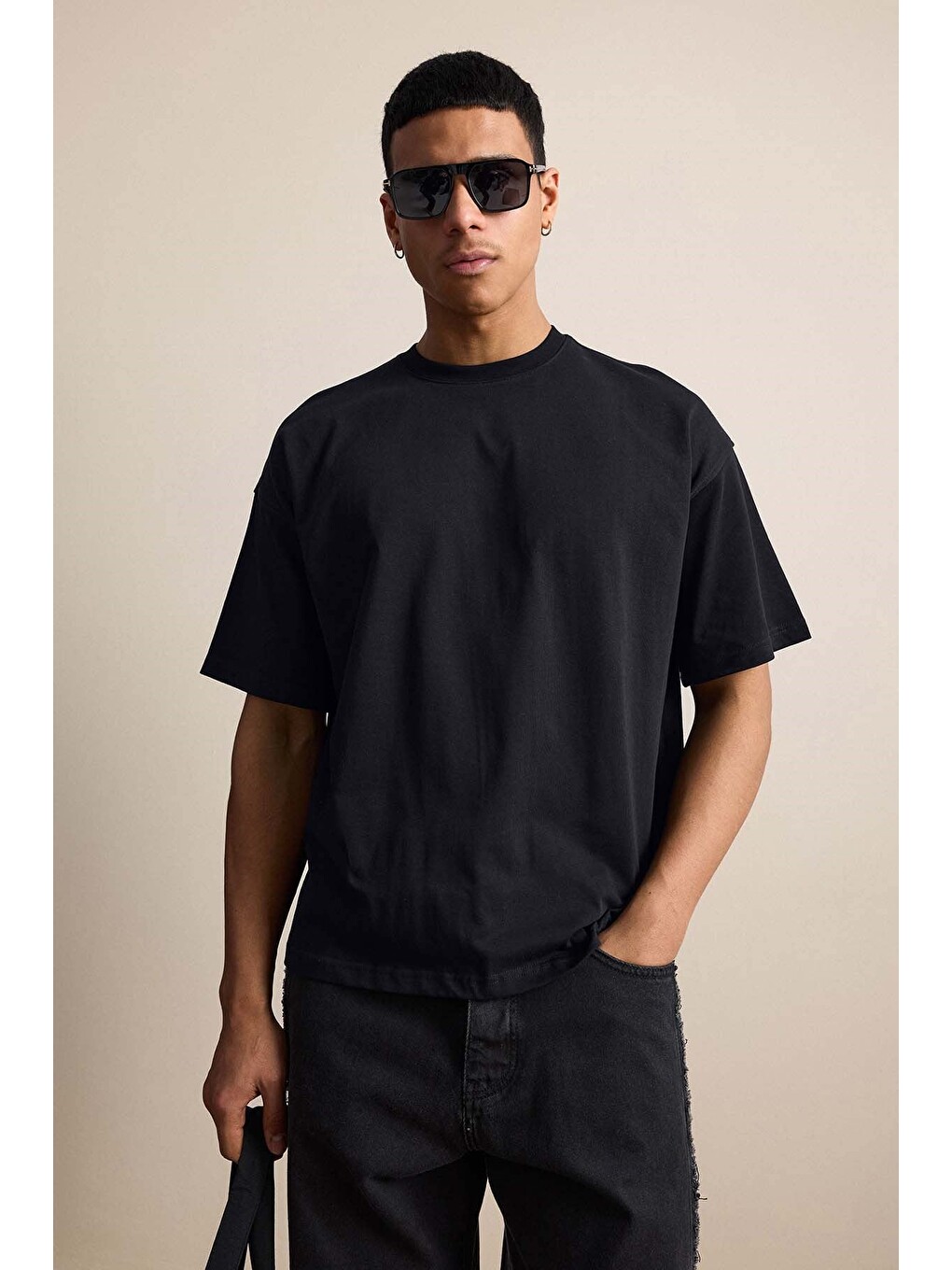 Erkek Boxy Fit Basic %100 Pamuklu Tişört Siyah-4