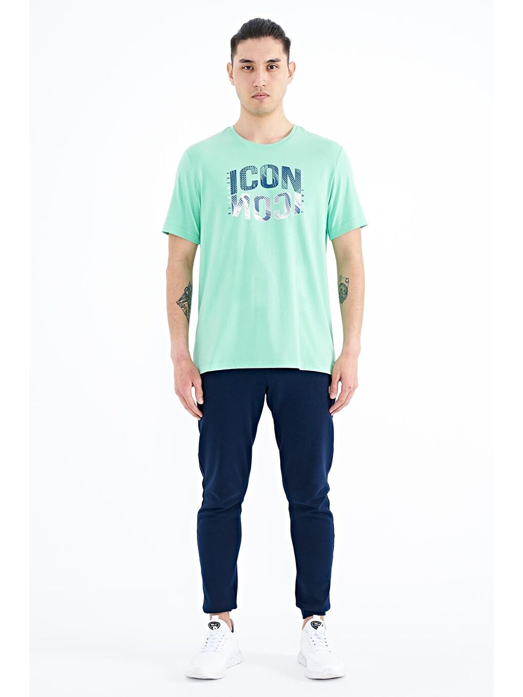 Turkuaz Su Yeşili Yazı Baskılı O Yaka Standart Kalıp Erkek Tişört - 88174-1