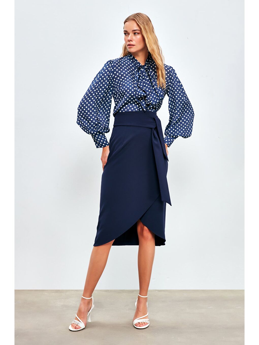 Kuşaklı Kalem Etek - Lacivert-1