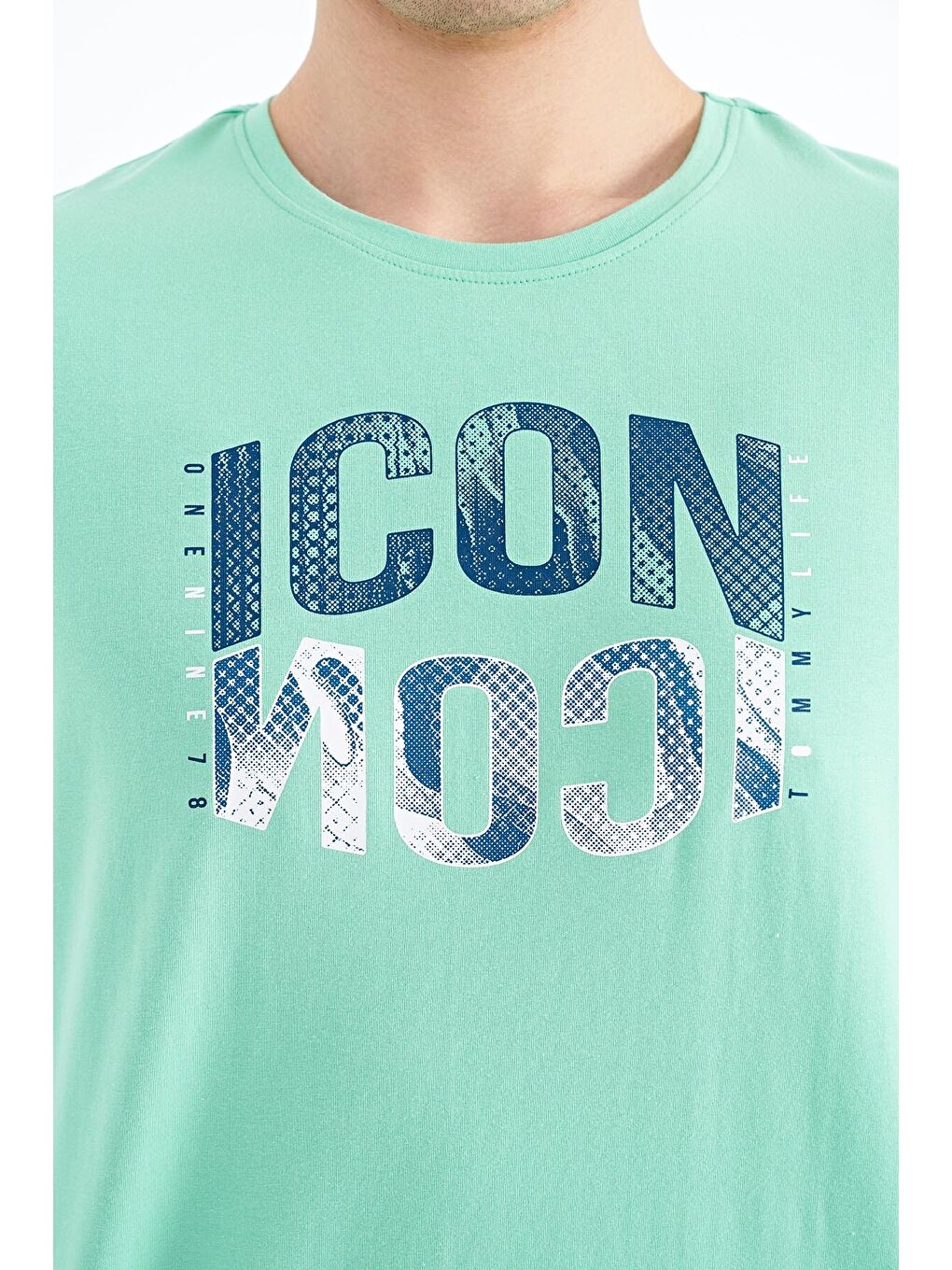 Turkuaz Su Yeşili Yazı Baskılı O Yaka Standart Kalıp Erkek Tişört - 88174-2