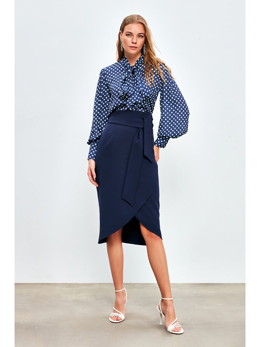 Kuşaklı Kalem Etek - Lacivert-2