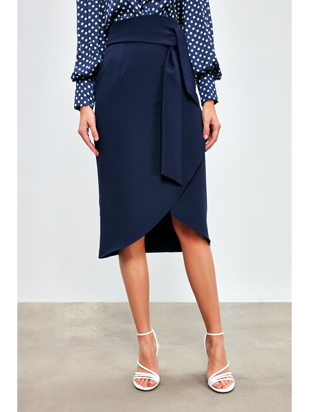Kuşaklı Kalem Etek - Lacivert-4