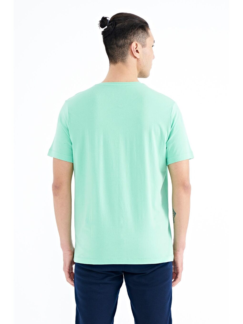 Turkuaz Su Yeşili Yazı Baskılı O Yaka Standart Kalıp Erkek Tişört - 88174-4