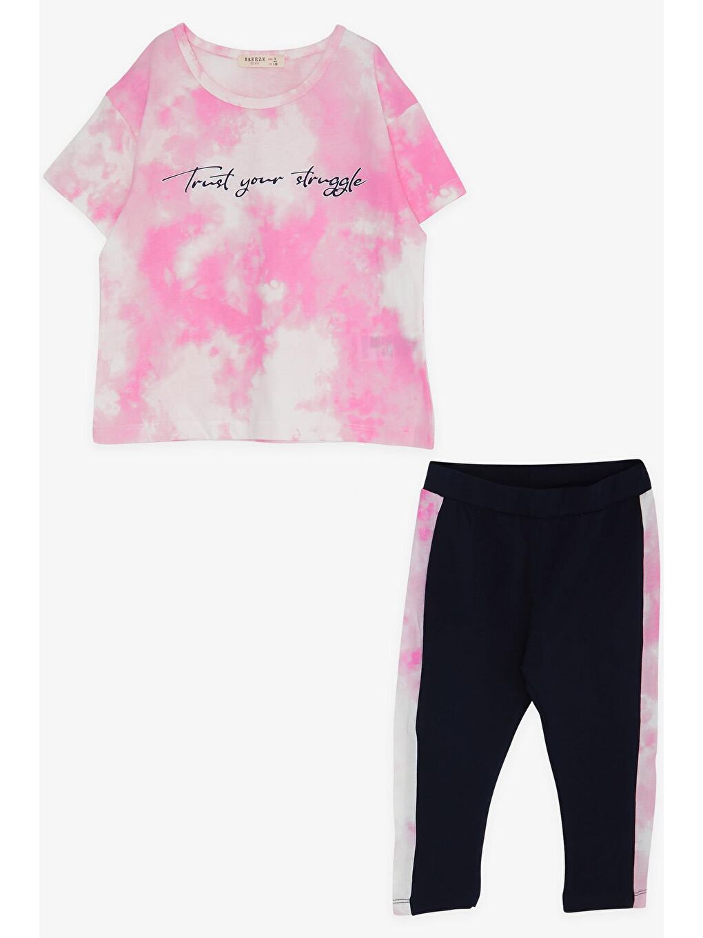 Kız Çocuk Kapri Taytlı Takım Batik Desenli Yazı Baskılı Pembe (8-14 Yaş)