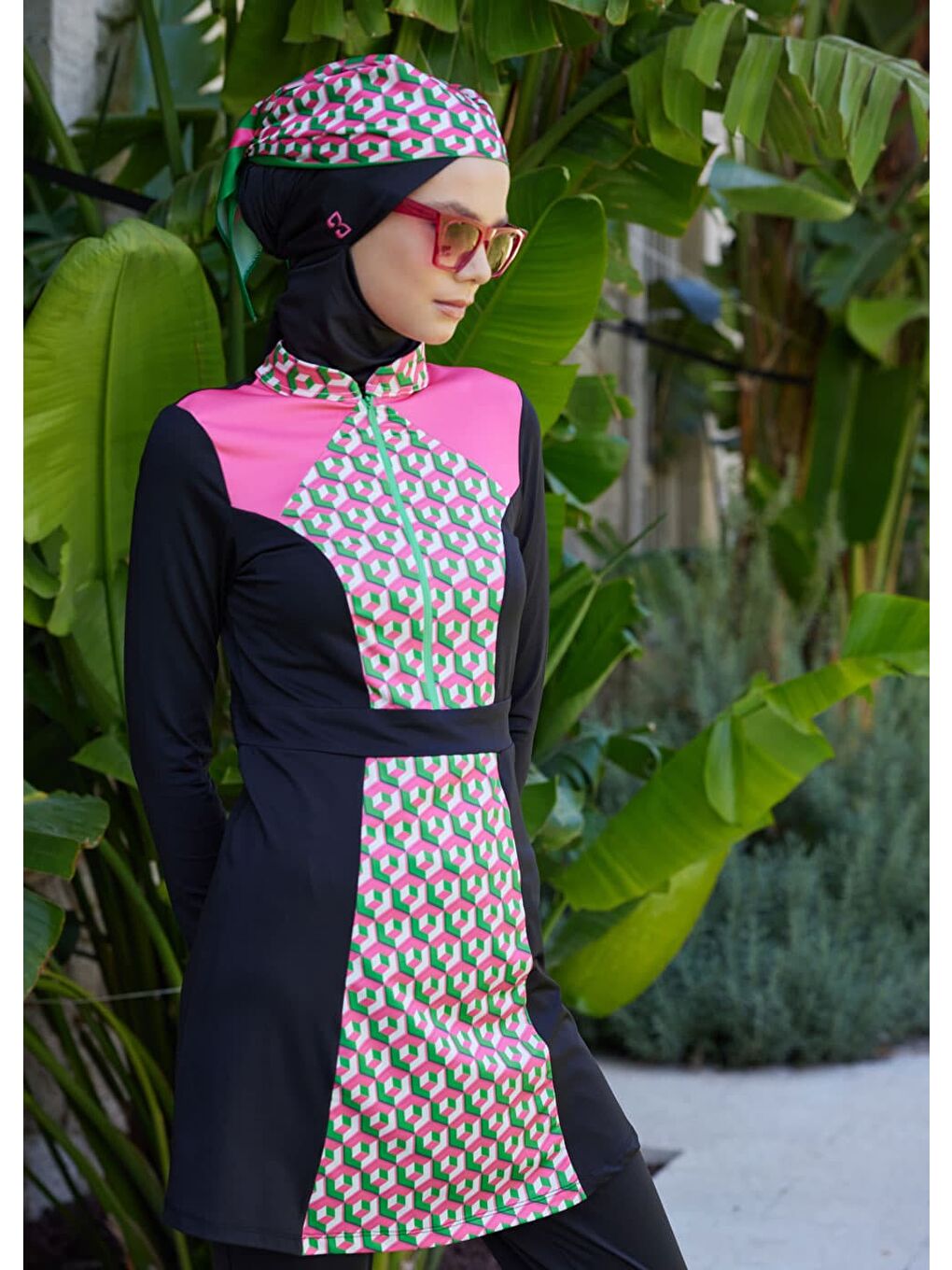 Pembe Fit Tek Üst Tesettür Mayo-1