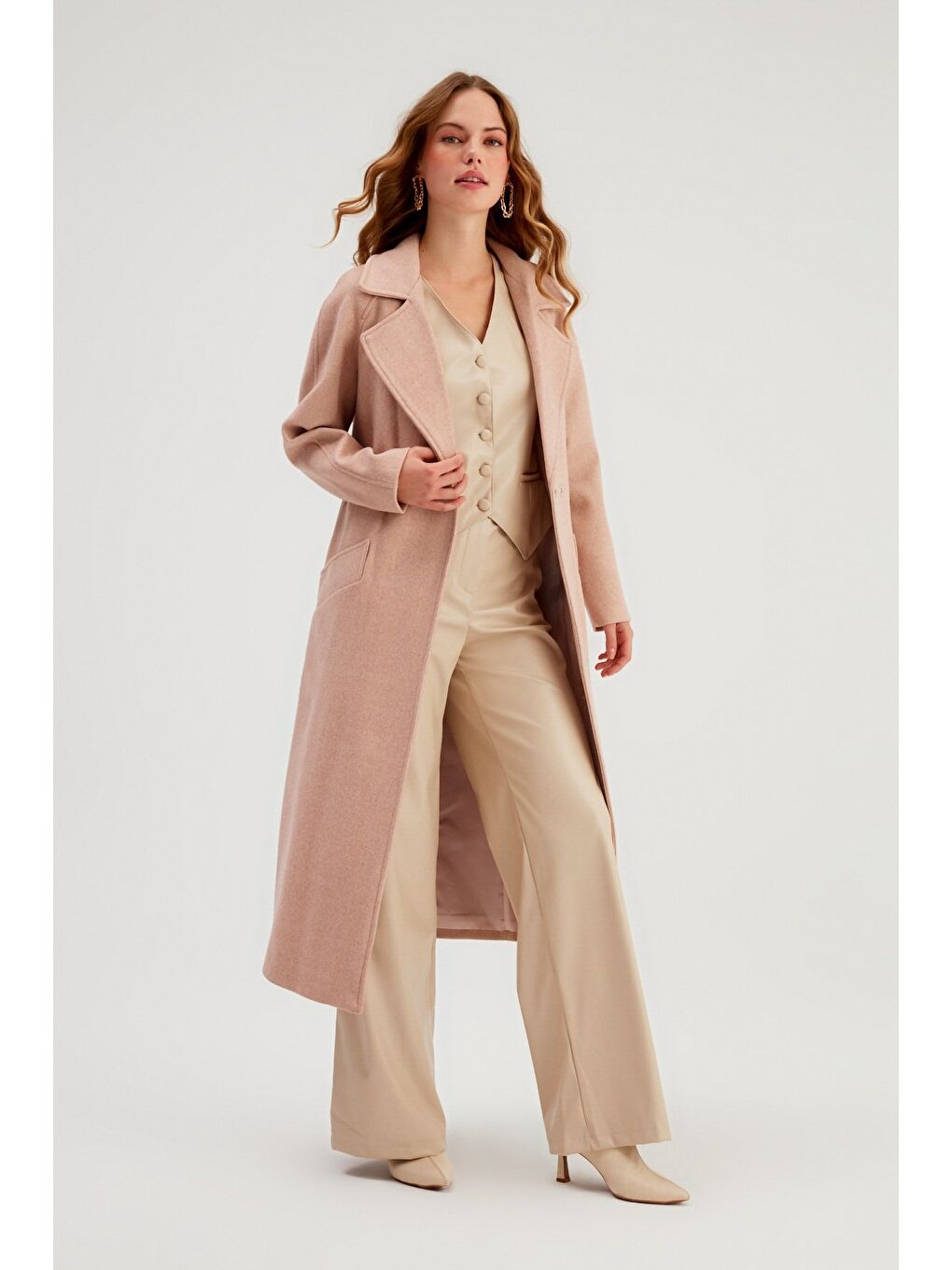 Pembe Kuşaklı Uzun Kaban - Pudra-2