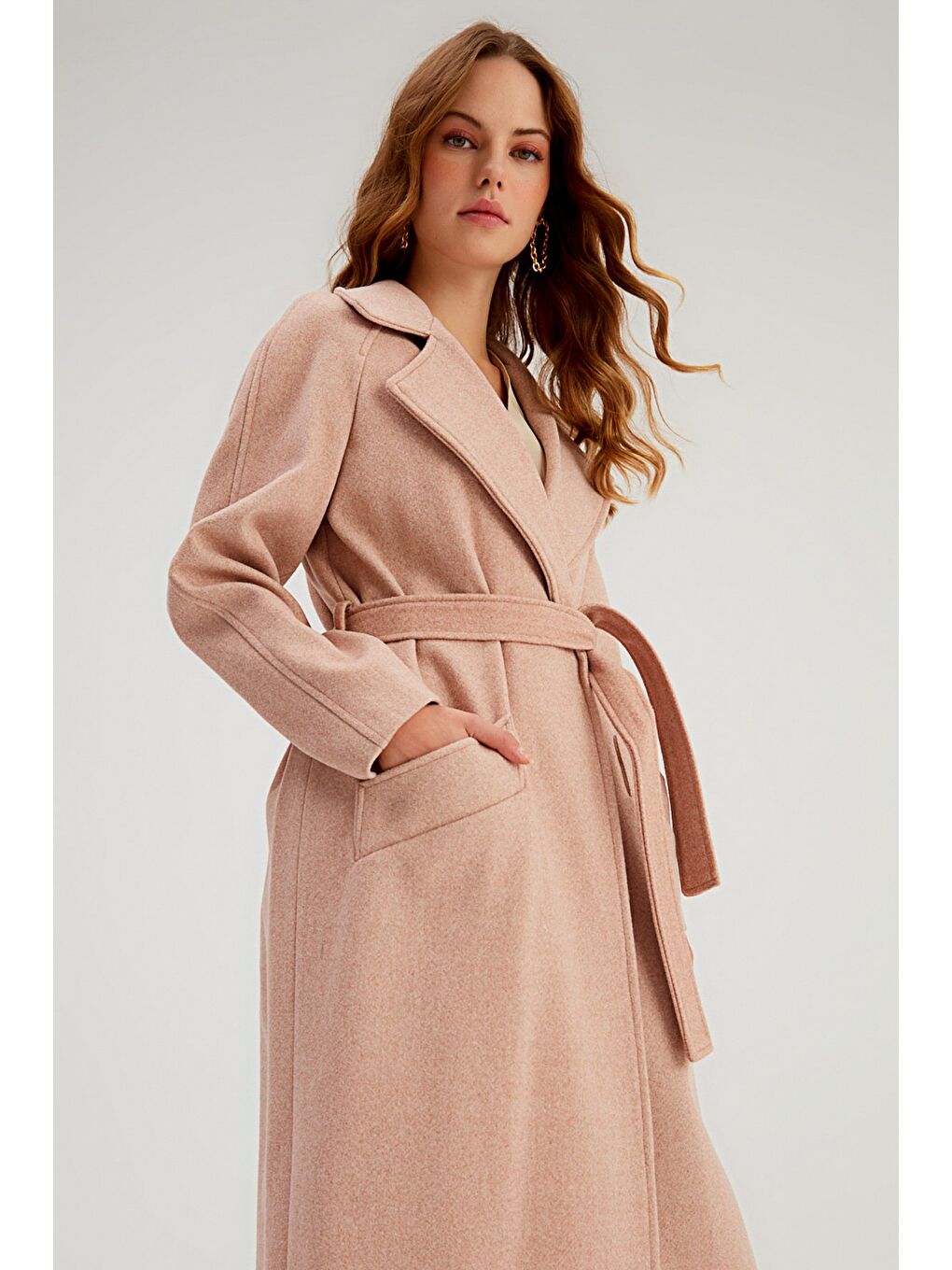 Pembe Kuşaklı Uzun Kaban - Pudra-3